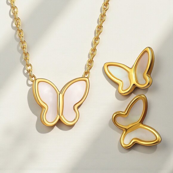 🆕 Whimsical Butterfly 18K Gold Plated Stainless Steel Mother Of Pearl Set - Picture 4 of 11